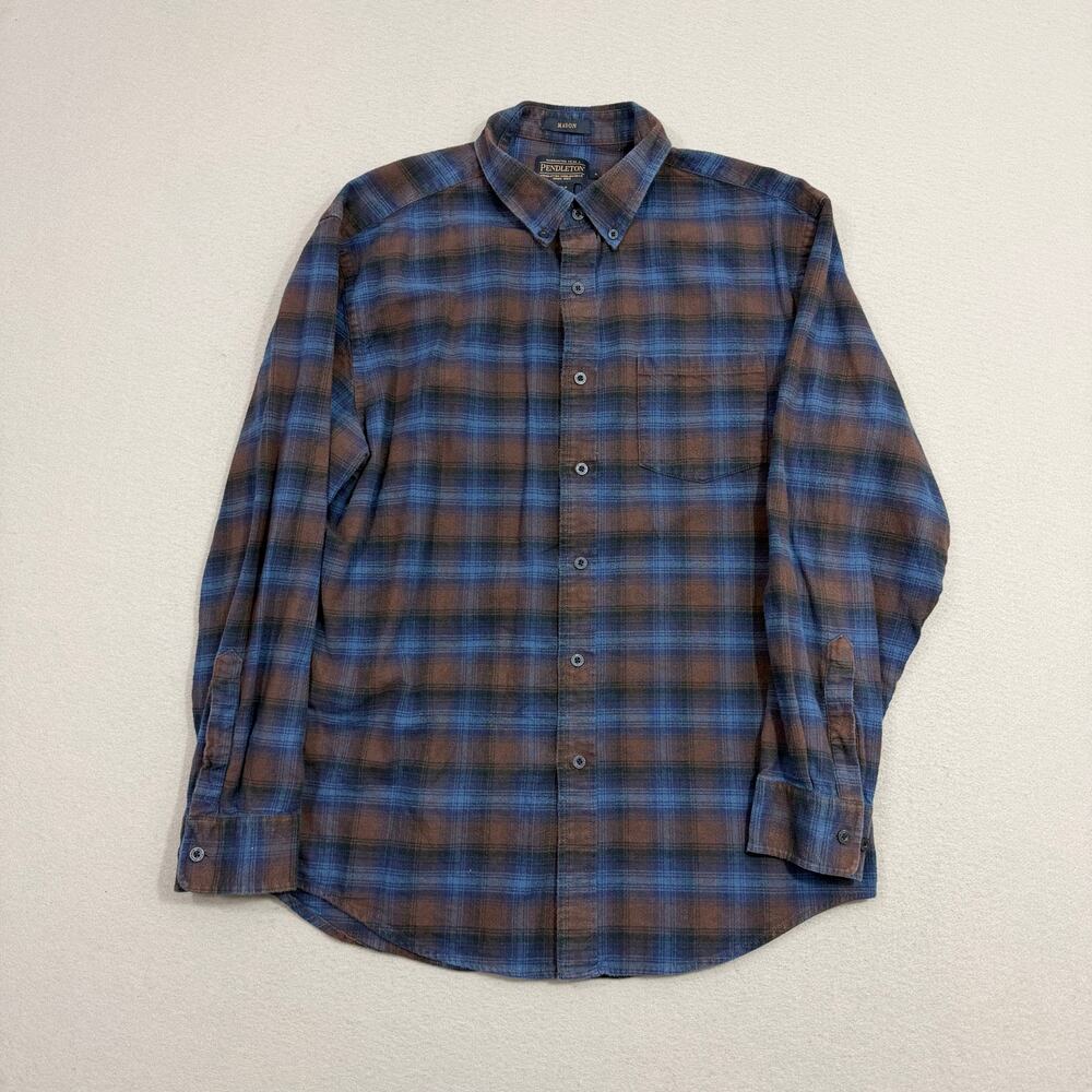 Pendleton Mason Flannel Button Down Shirt Men's Large Blue Brown Outdoors Hiking